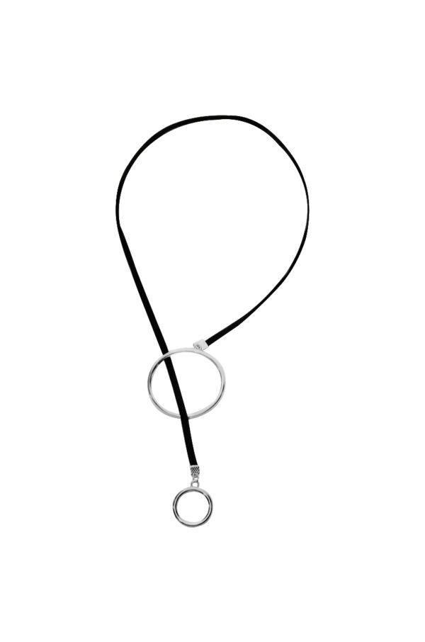 Black Long String Suede Big Hoop/Small Hoop Interlock Silver Pendant Choker