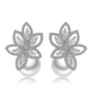Pearl Ball Cluster Leaves Marquis Cut Studded LRB Earrings