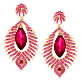Fushia Scattered Leaves W/Oval Crystal Stone Earrings