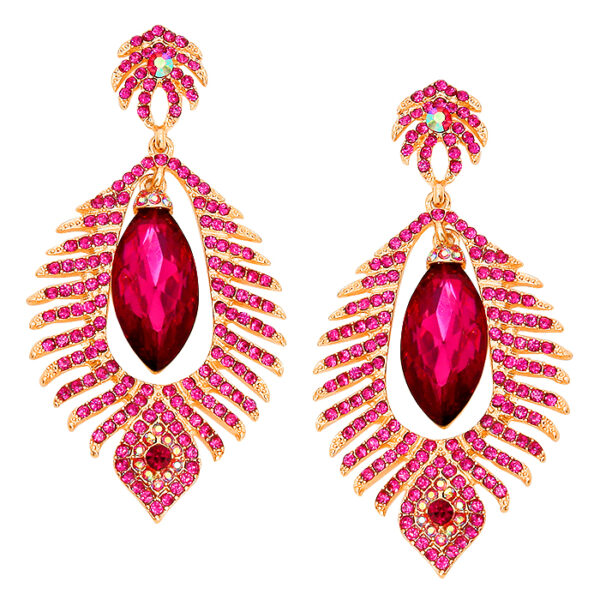 Fushia Scattered Leaves W/Oval Crystal Stone Earrings