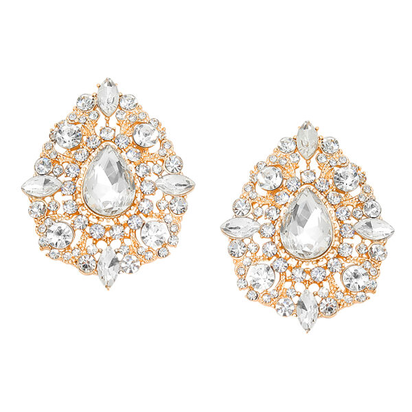 Gold Oval Studded Crystal Stone Statement Earrings