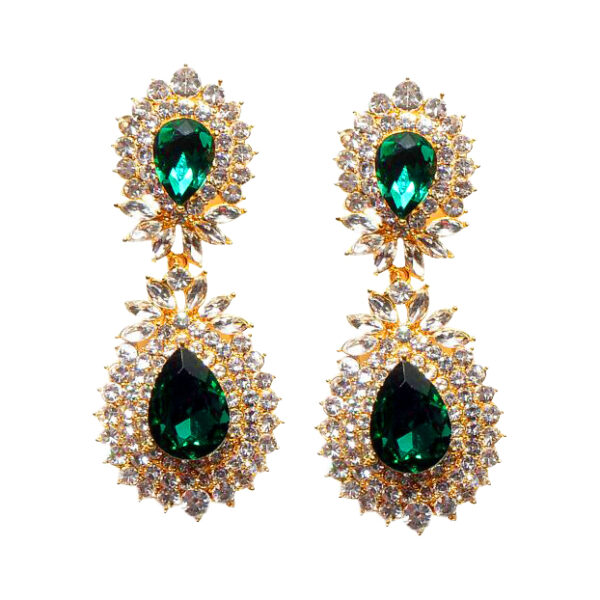 Green/Gold 2 Layer Crystal Studded Statement Earrings
