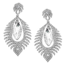 Silver Scattered Leaves W/Oval Crystal Stone Earrings
