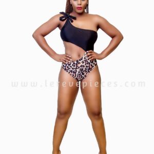 Black Leopard Cut One Arm One Piece Swimwear