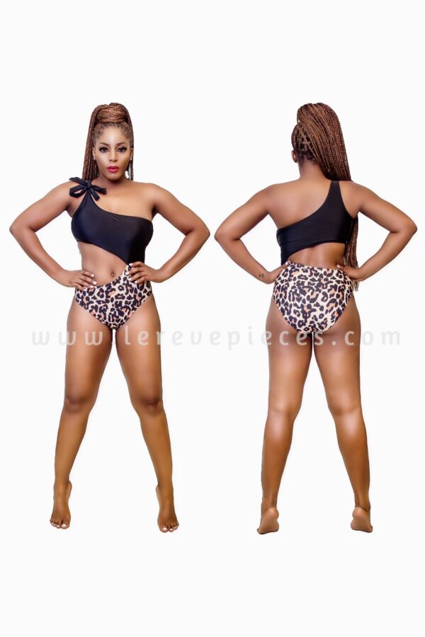 Black Leopard Cut One Arm One Piece Swimwear - Image 3