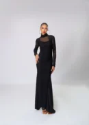 Sheer Boarder Long Sleeve Long Dress High Neck Body Dress