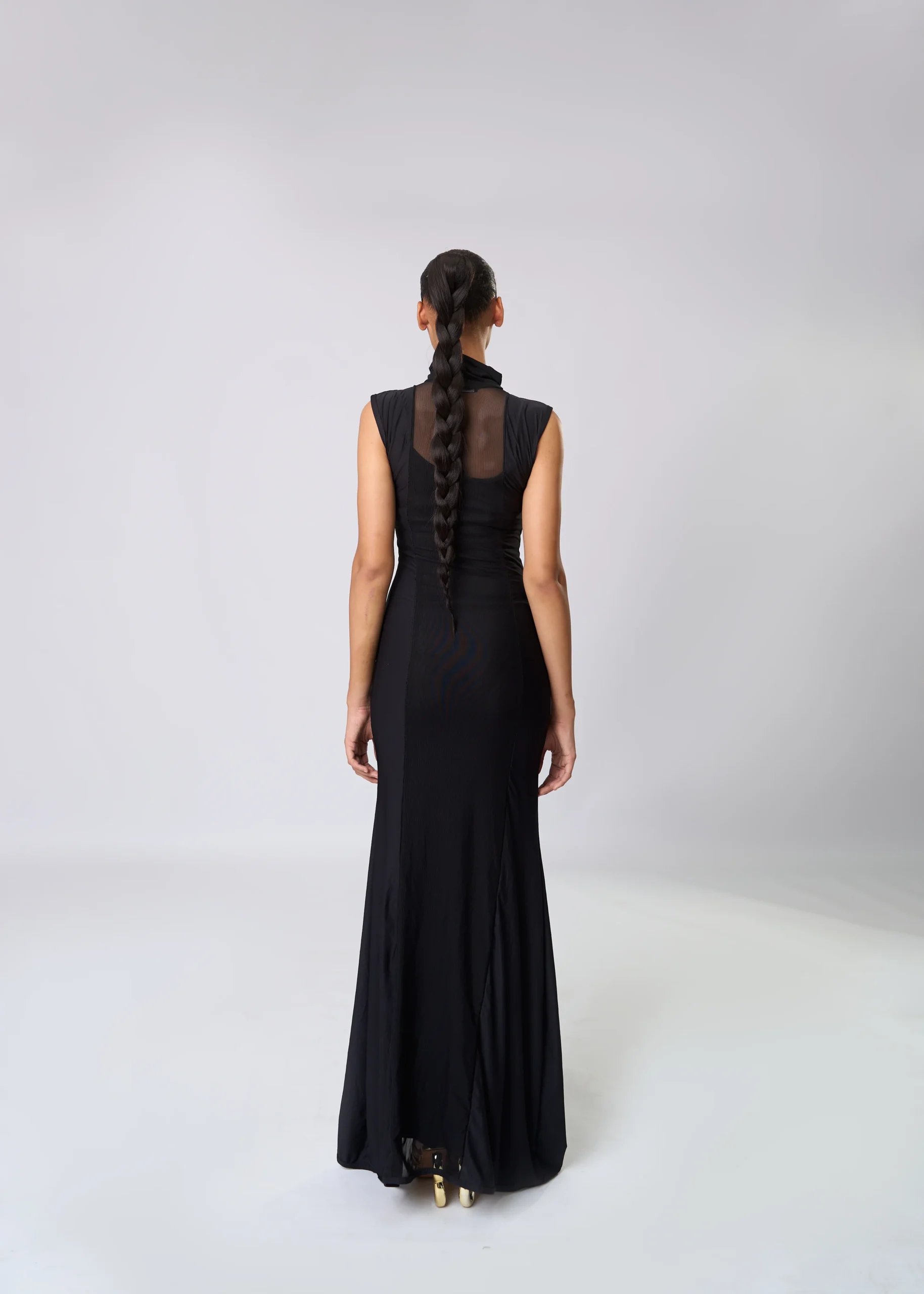 Sheer Boarder Sleeveless Long Dress High Neck Body Dress
