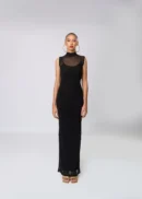 Sheer Boarder Sleeveless Long Dress High Neck Body Dress