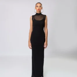 Sheer Boarder Sleeveless Long Dress High Neck Body Dress