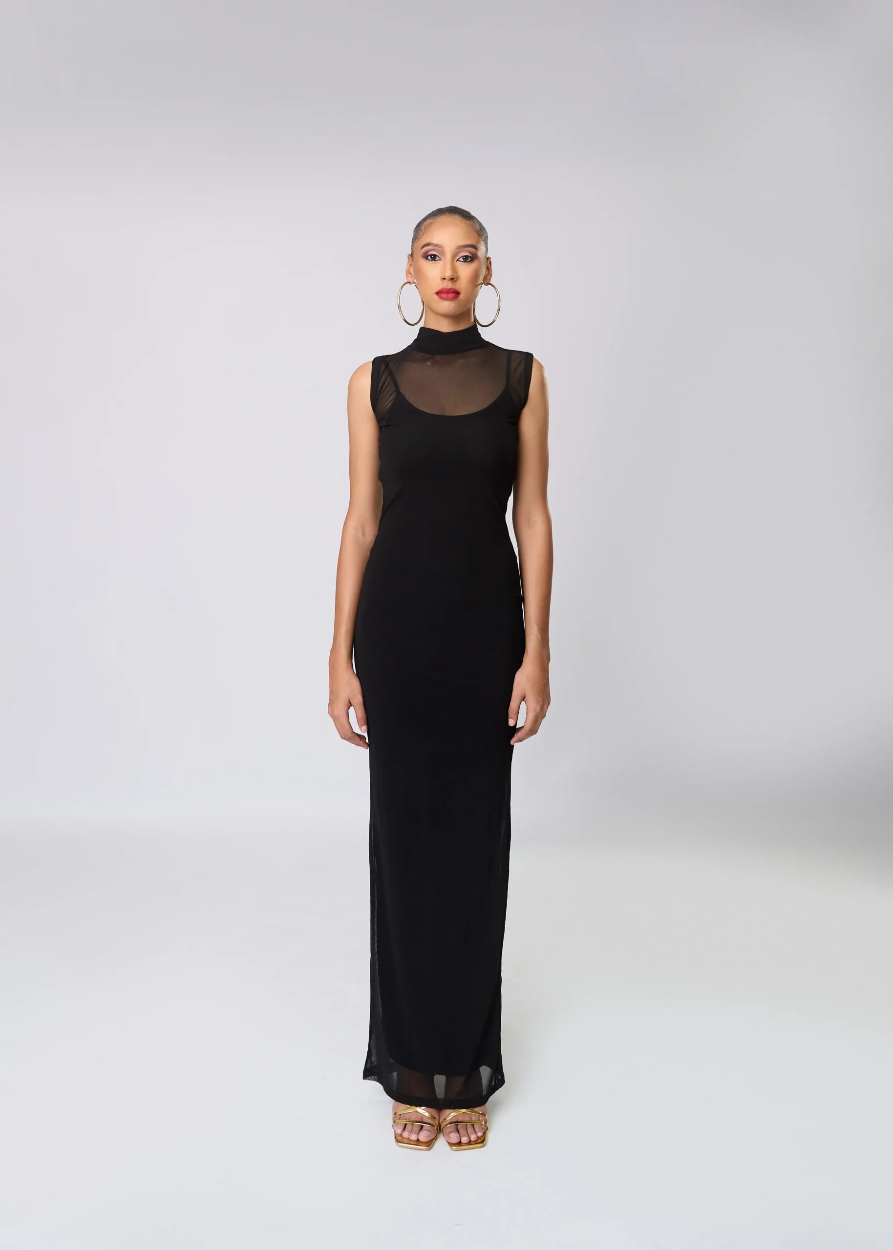 Sheer Boarder Sleeveless Long Dress High Neck Body Dress