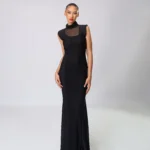 Sheer Boarder Sleeveless Long Dress High Neck Body Dress