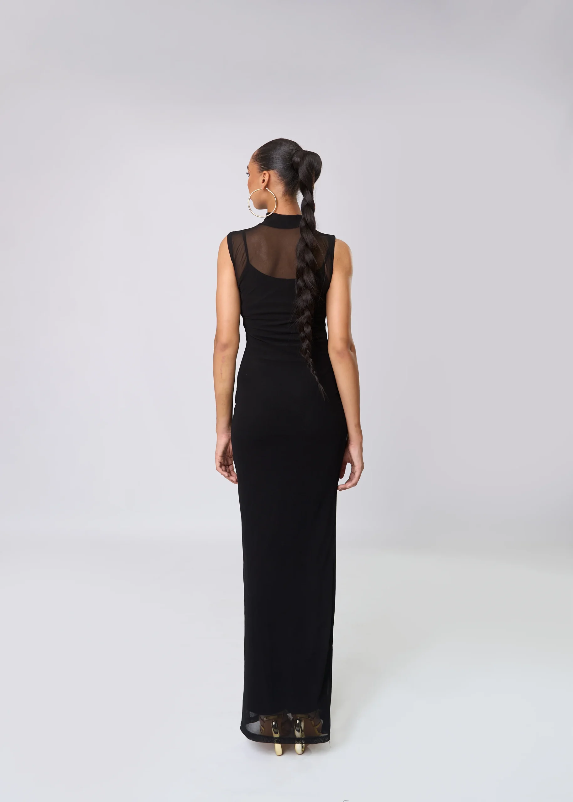 Sheer Boarder Sleeveless Long Dress High Neck Body Dress