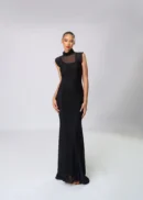 Sheer Boarder Sleeveless Long Dress High Neck Body Dress