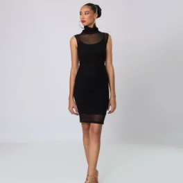 Sheer Boarder Sleeveless Short Dress High Neck Body Dress