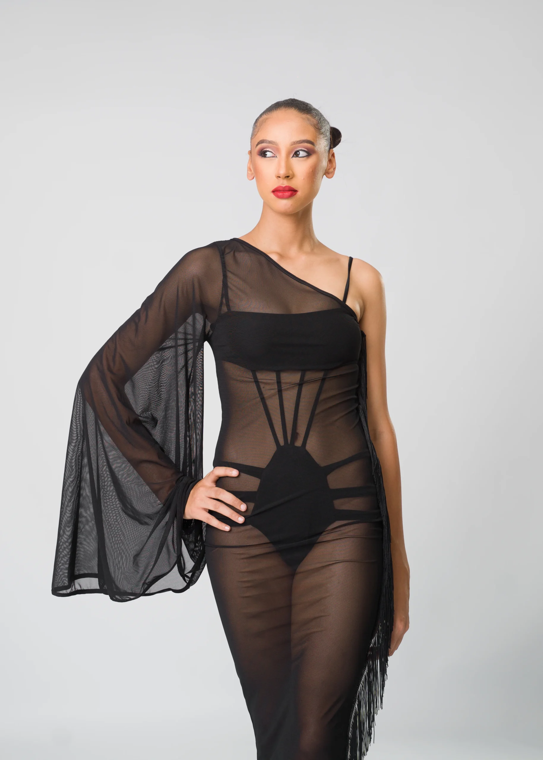 Sheer Goddess One Arm Befringed Dress