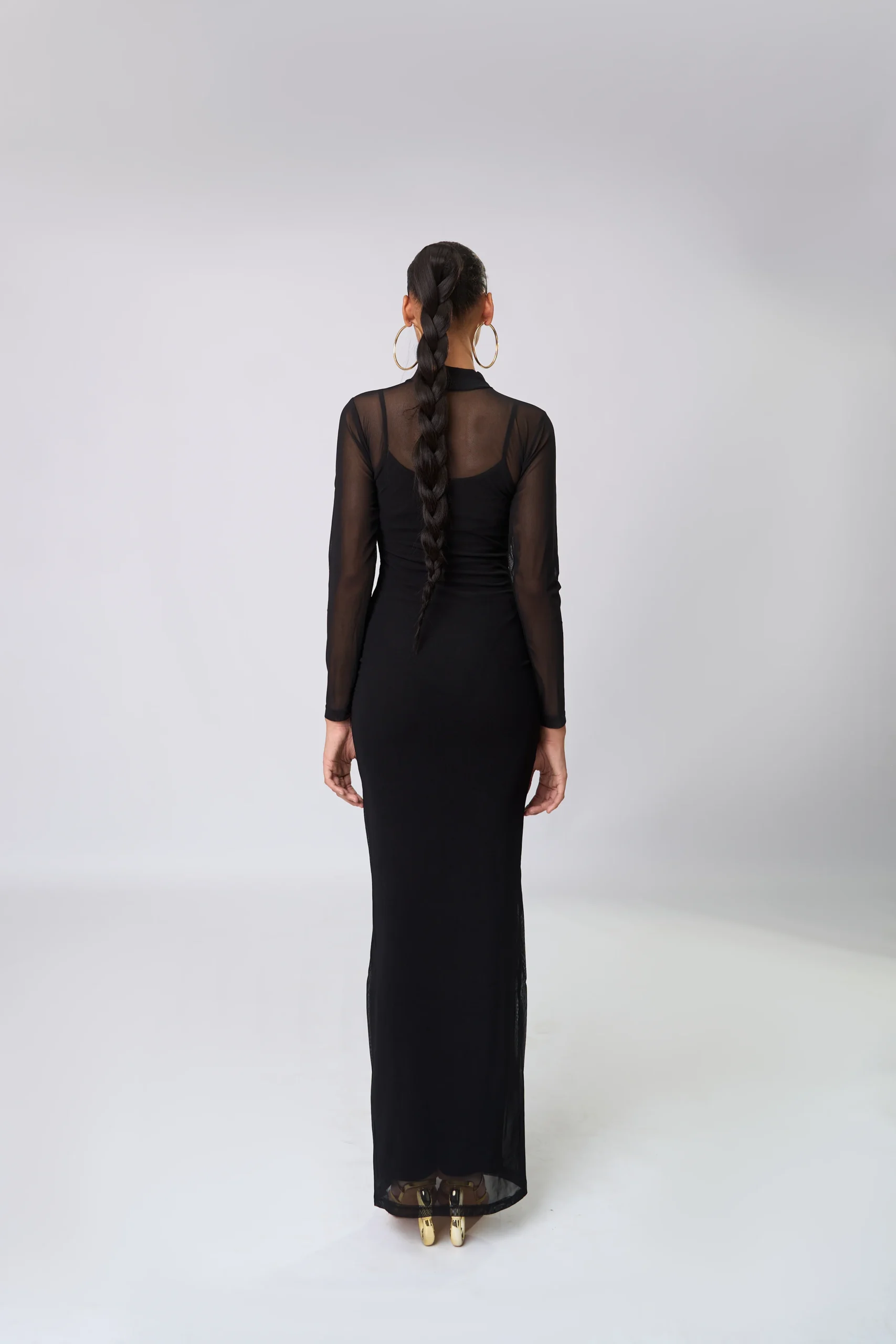 Sheer High Neck Long Sleeve Long Dress